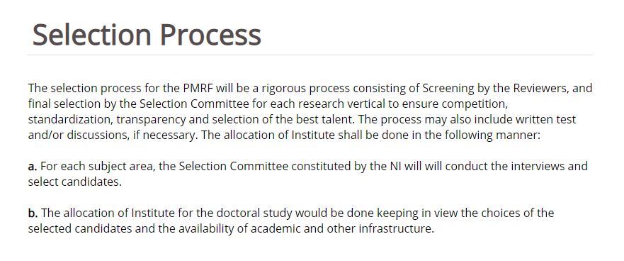 PMRF May 2019 Selection Process as official website