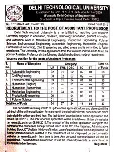 Notification for DTU Recruitment 2019 for Assistant Professor for 87 posts